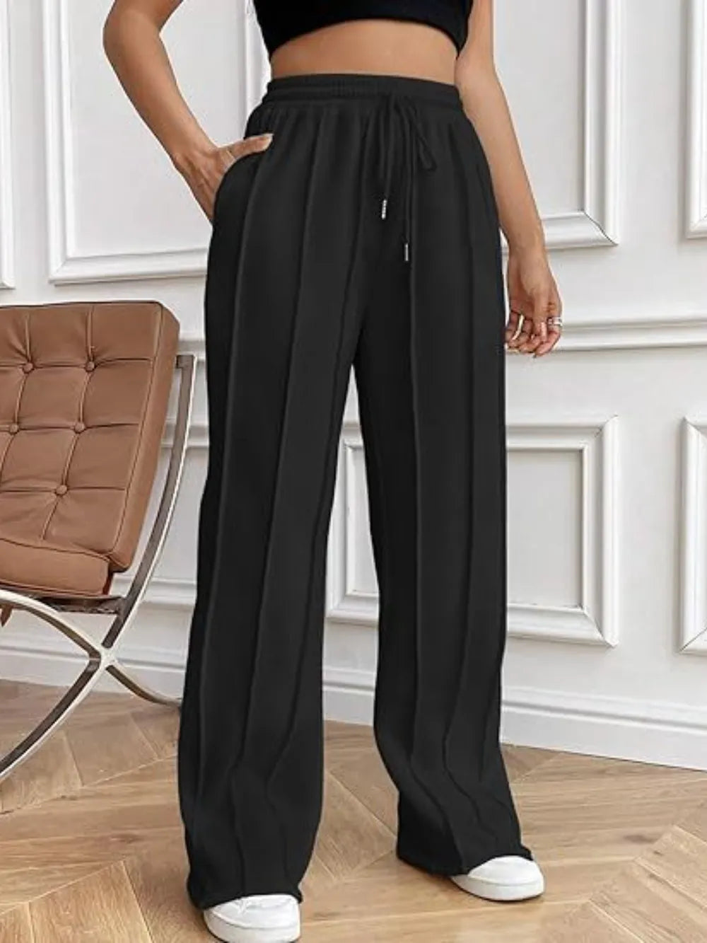 Women's High-Waisted Wide-Leg Drawstring Pants with Pockets