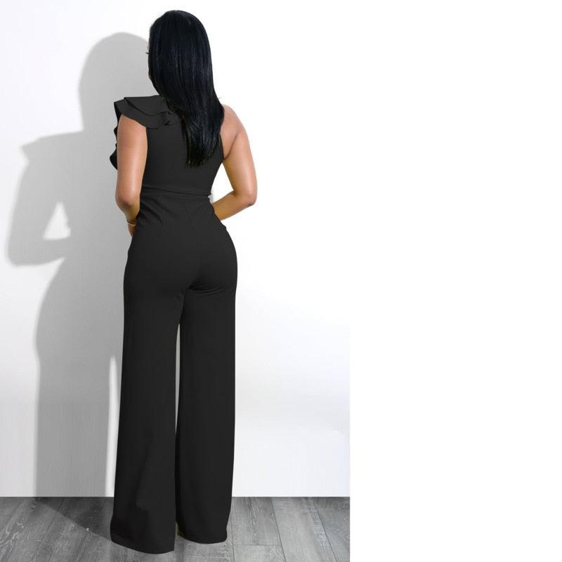 Chic One-Shoulder Ruffle Jumpsuit with V-Neck and Wide-Leg Pants