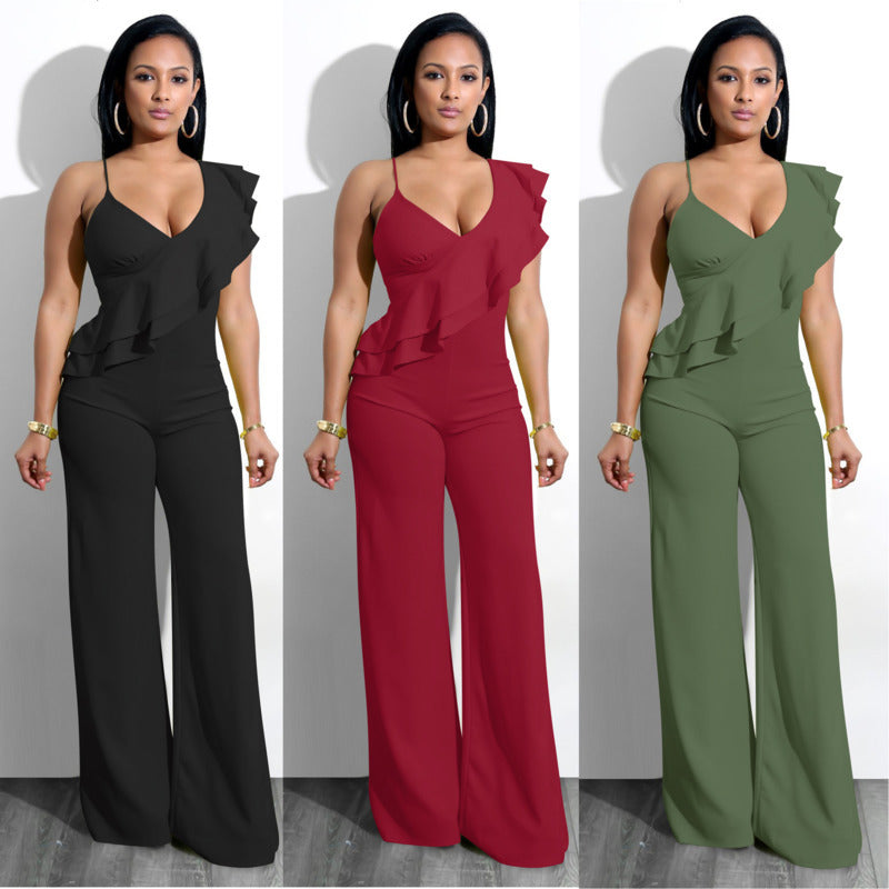 Chic One-Shoulder Ruffle Jumpsuit with V-Neck and Wide-Leg Pants
