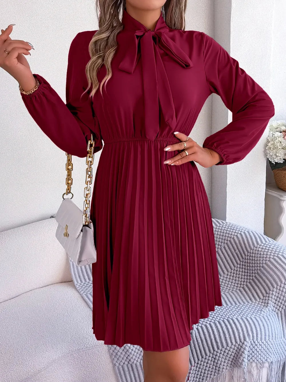 Long Sleeve Pleated Dress with Tie Waist