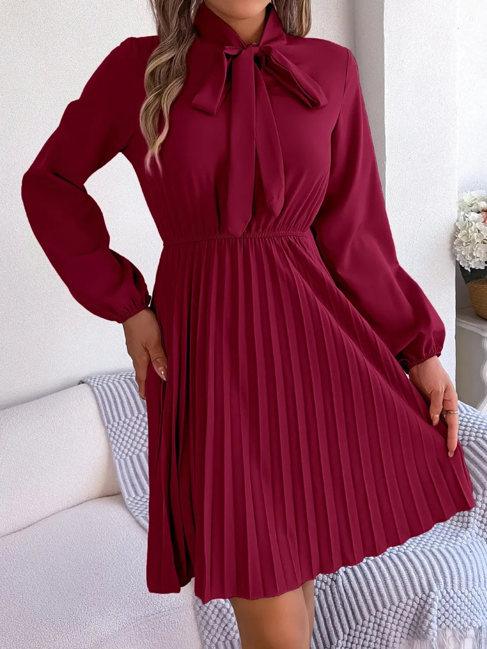 Long Sleeve Pleated Dress with Tie Waist