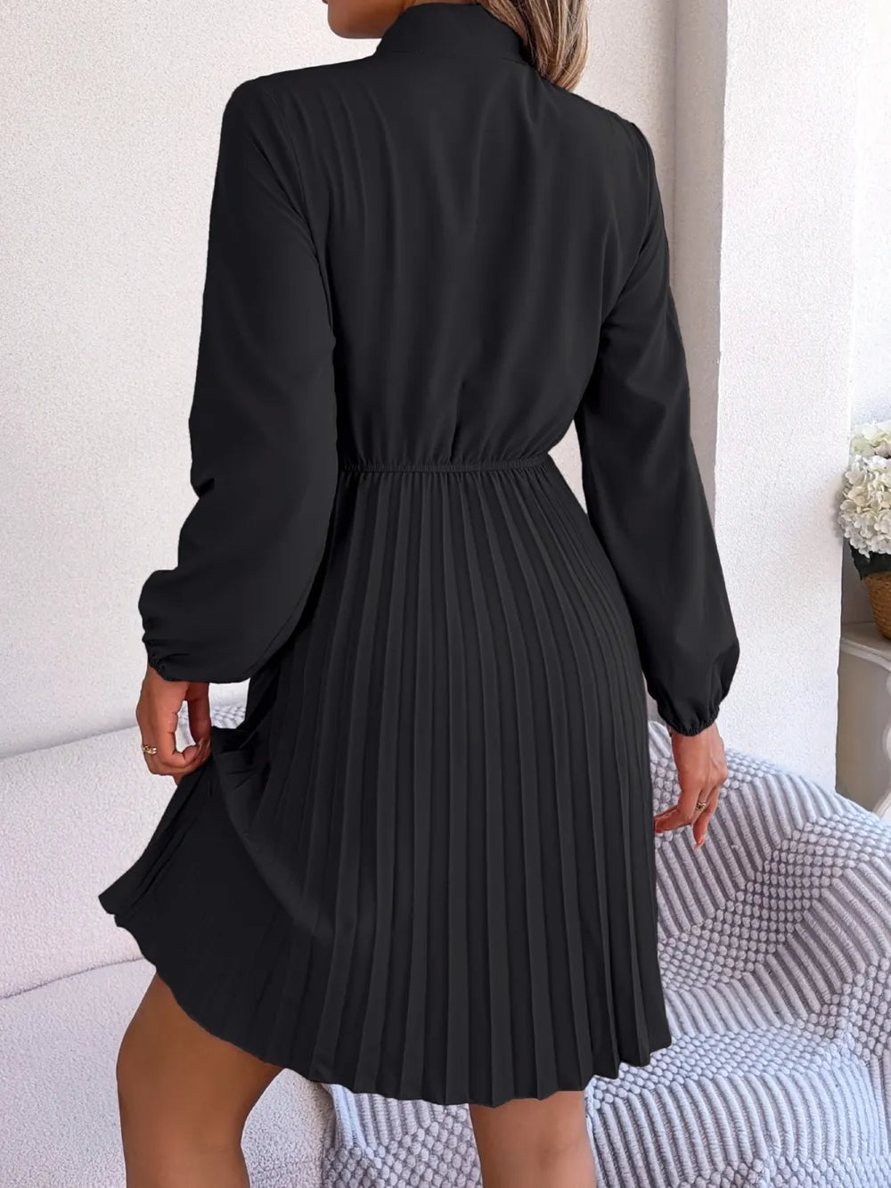 Long Sleeve Pleated Dress with Tie Waist