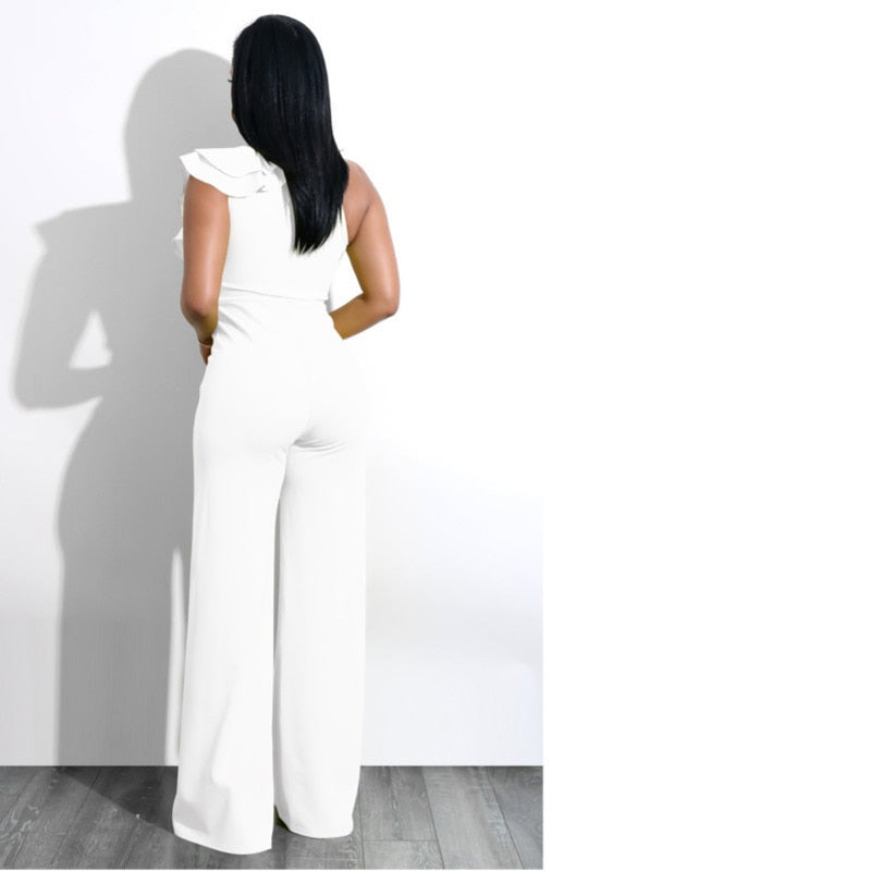 Chic One-Shoulder Ruffle Jumpsuit with V-Neck and Wide-Leg Pants