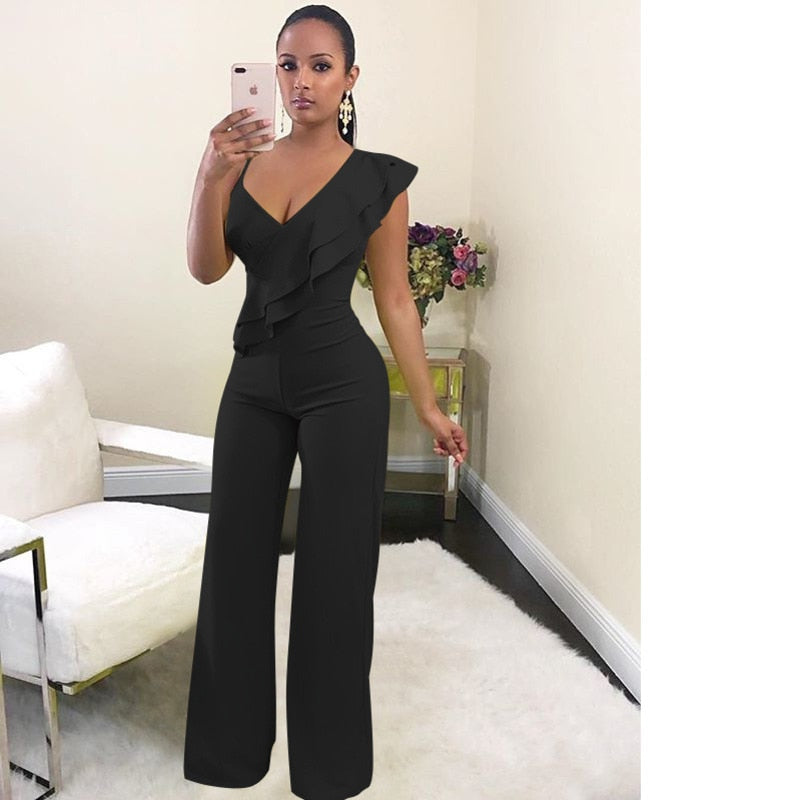 Chic One-Shoulder Ruffle Jumpsuit with V-Neck and Wide-Leg Pants