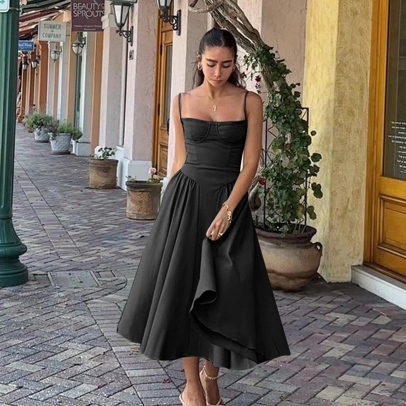 French retro long dress, court style dopamine dressing, camisole dress for women