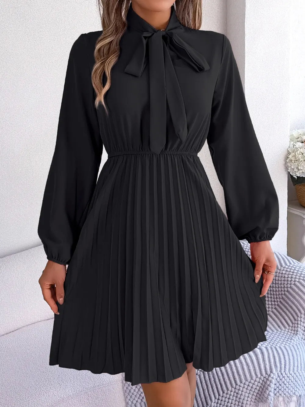 Long Sleeve Pleated Dress with Tie Waist