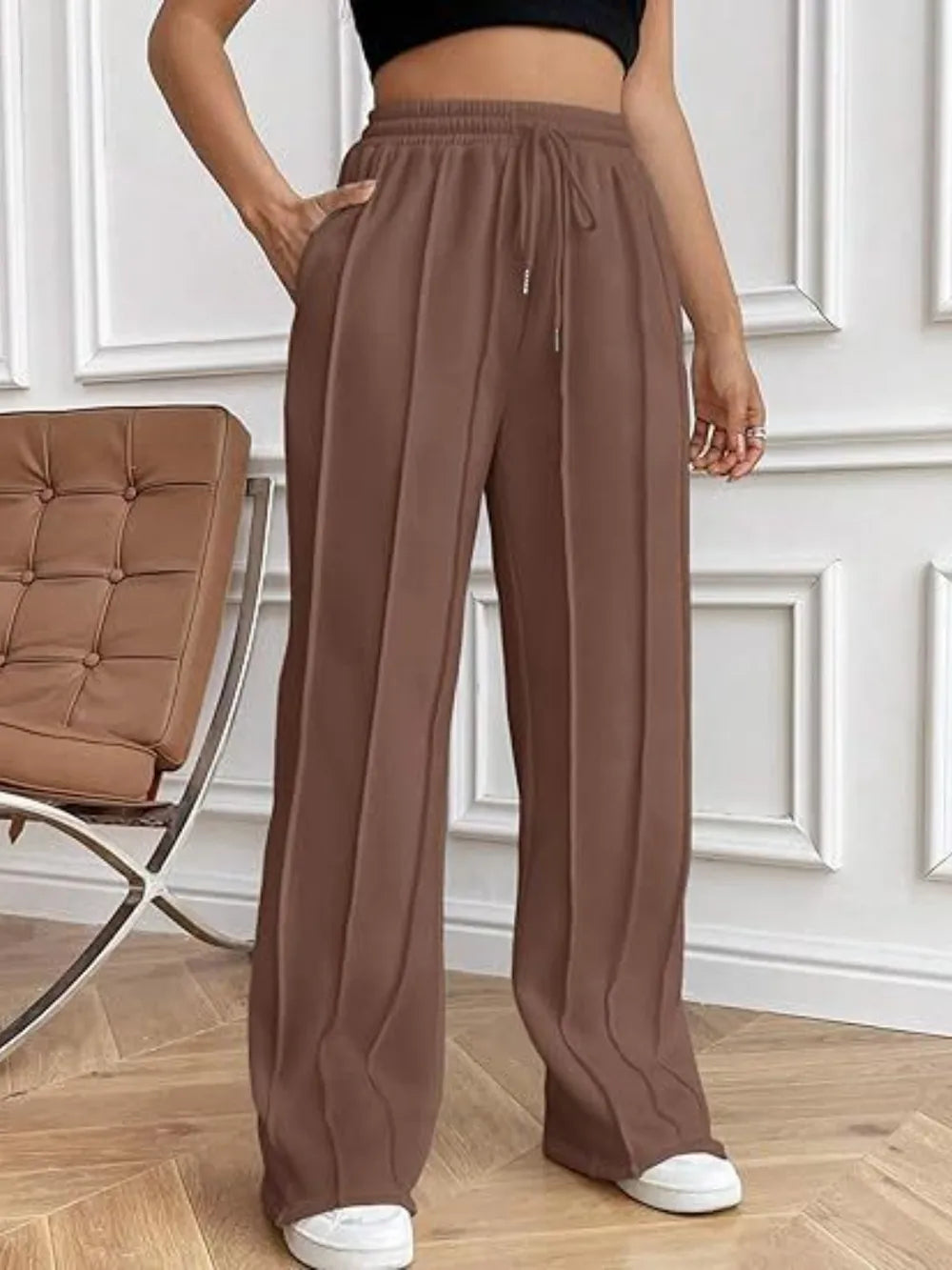 Women's High-Waisted Wide-Leg Drawstring Pants with Pockets