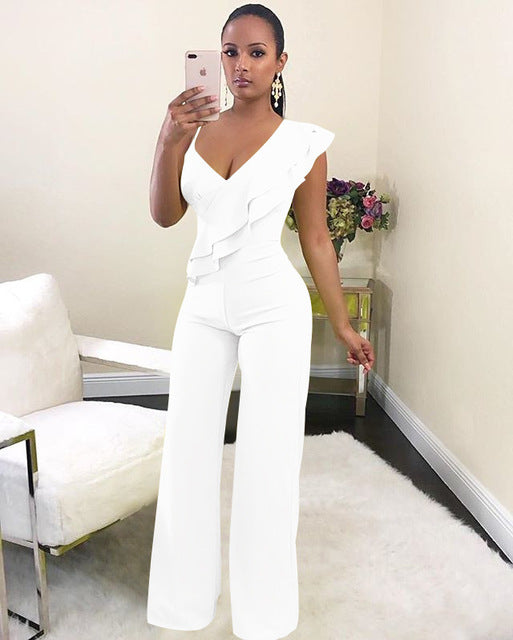 Chic One-Shoulder Ruffle Jumpsuit with V-Neck and Wide-Leg Pants