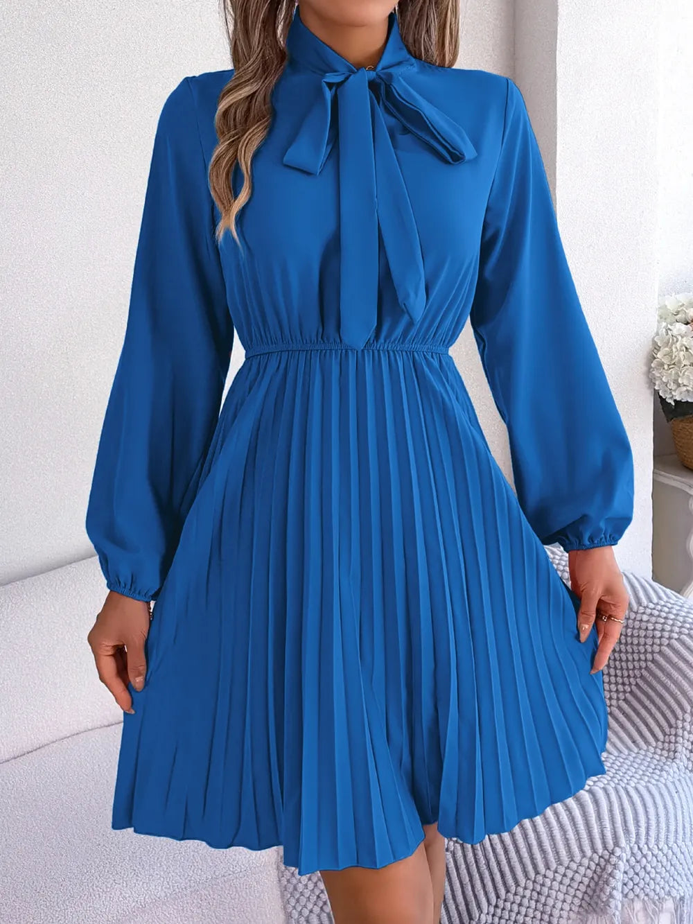 Long Sleeve Pleated Dress with Tie Waist