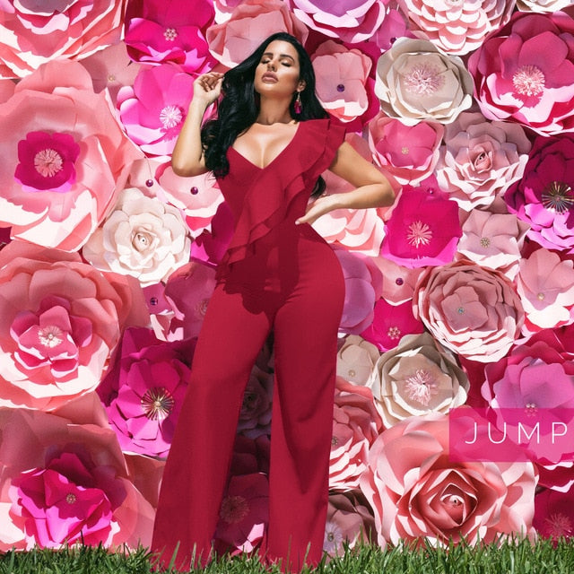 Chic One-Shoulder Ruffle Jumpsuit with V-Neck and Wide-Leg Pants