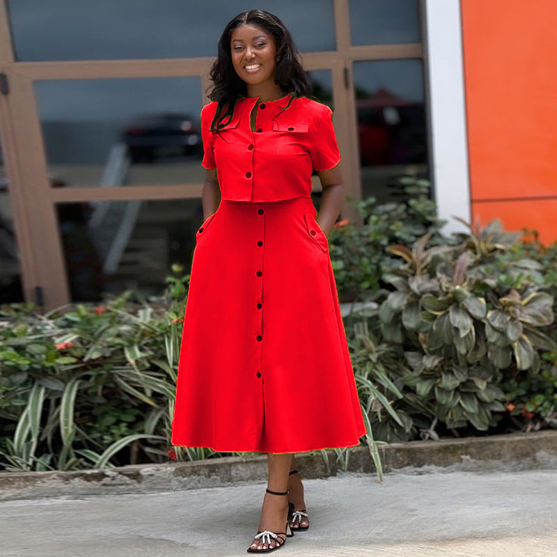 Short Sleeve Top and Buttoned High-Waist Skirt Set