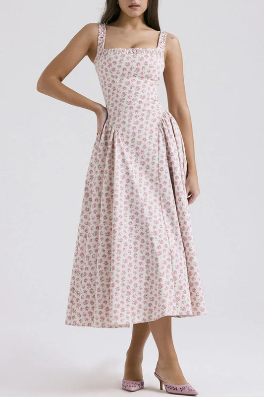 Women’s Floral Square Neck Midi Dress – Wide Strap Summer Sundress