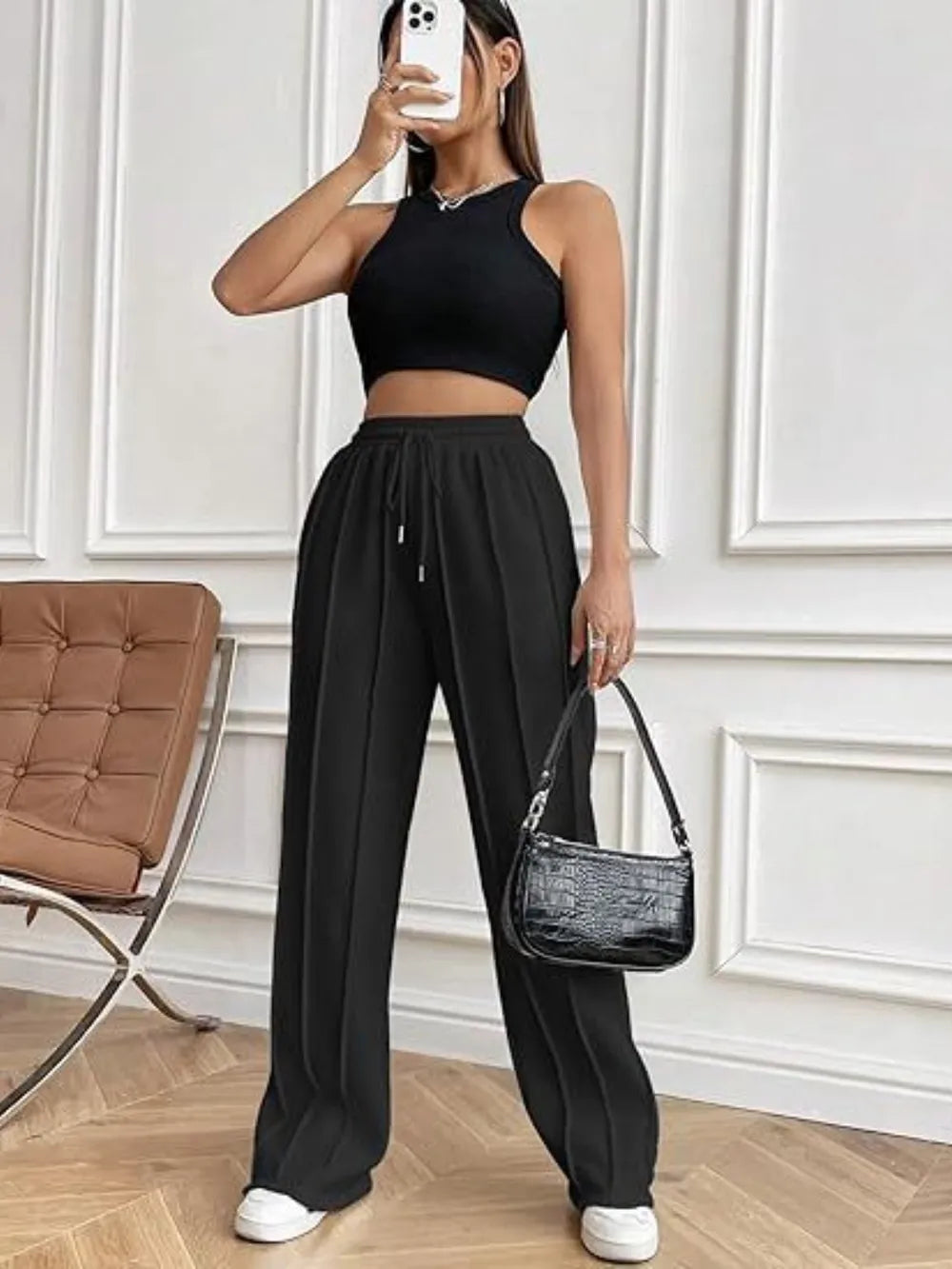 Women's High-Waisted Wide-Leg Drawstring Pants with Pockets