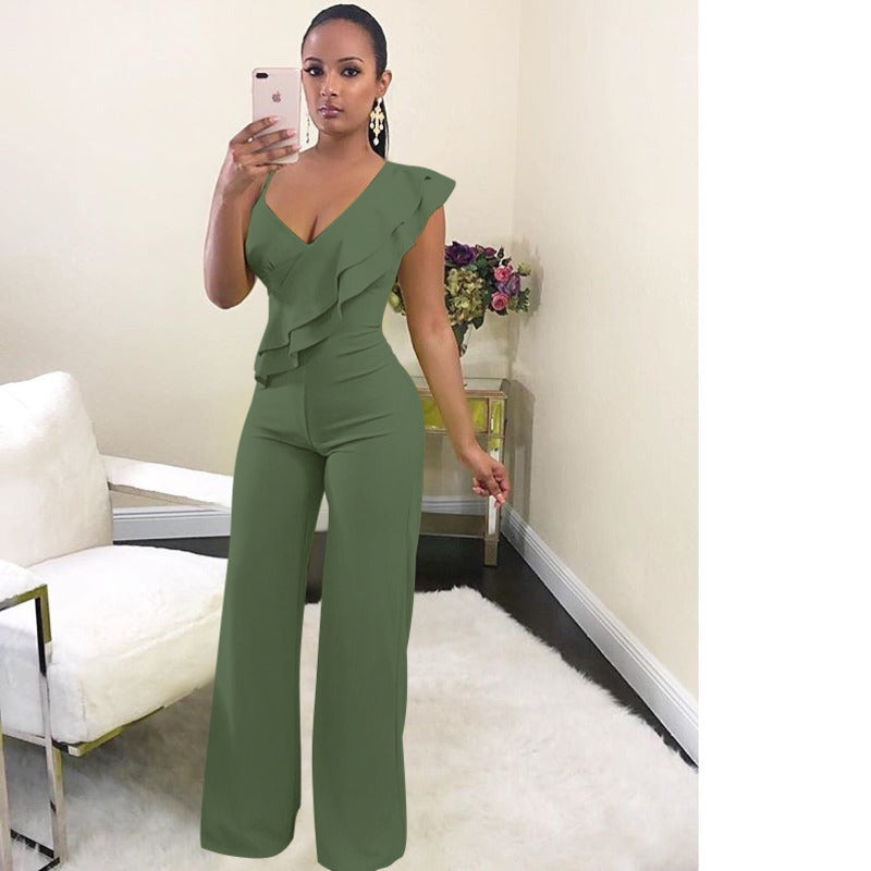 Chic One-Shoulder Ruffle Jumpsuit with V-Neck and Wide-Leg Pants