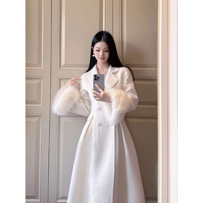 Hepburn-Inspired White Woolen Mid-Length Coat for Women