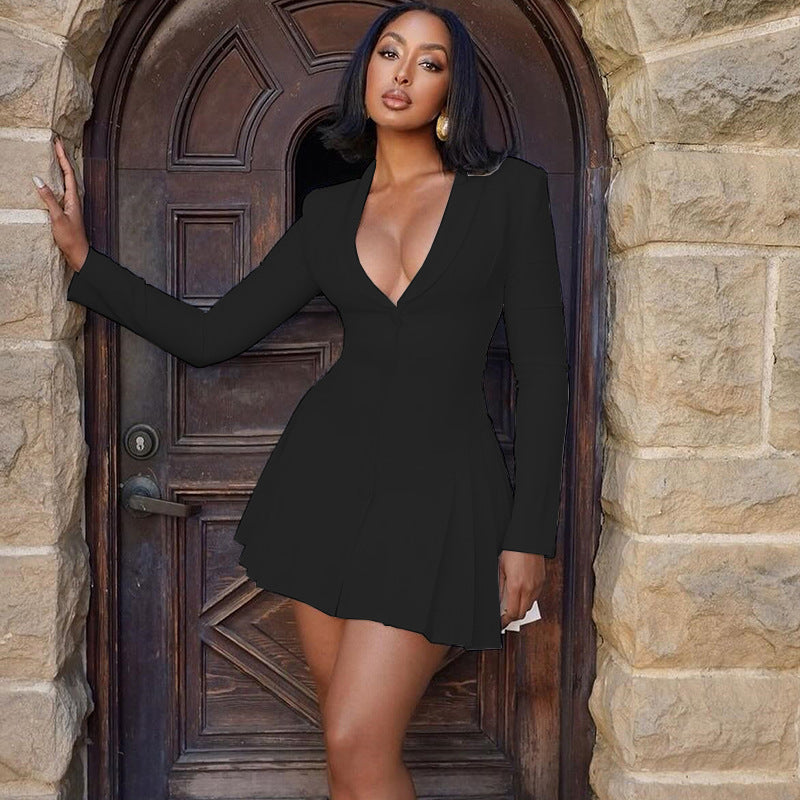 Women's Deep V Pleated Long Sleeve Dress – Elegant Single-Breasted Blazer dress