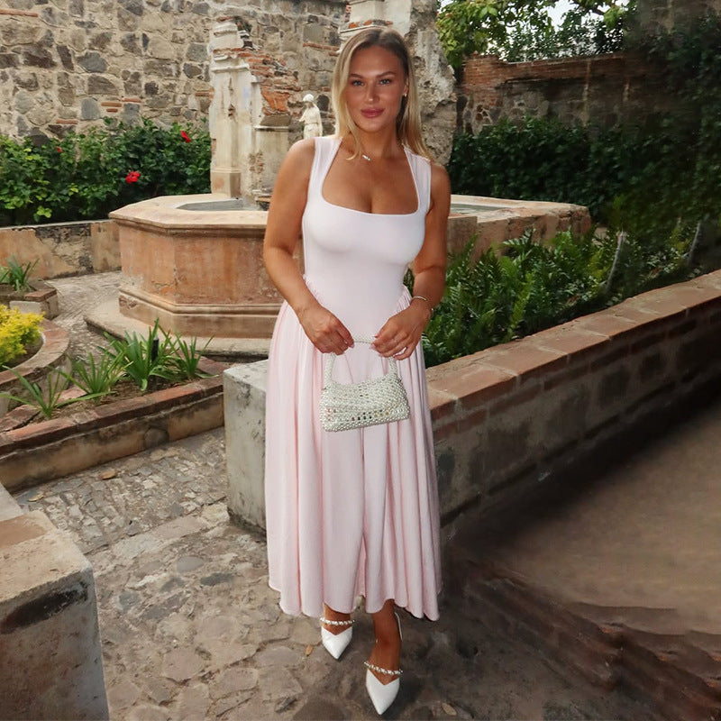 Spring Pink Strap Swing Dress with Square Neckline