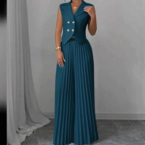 2-Piece Pleated Vest Pantsuit – 2025 European-Inspired Women's Set
