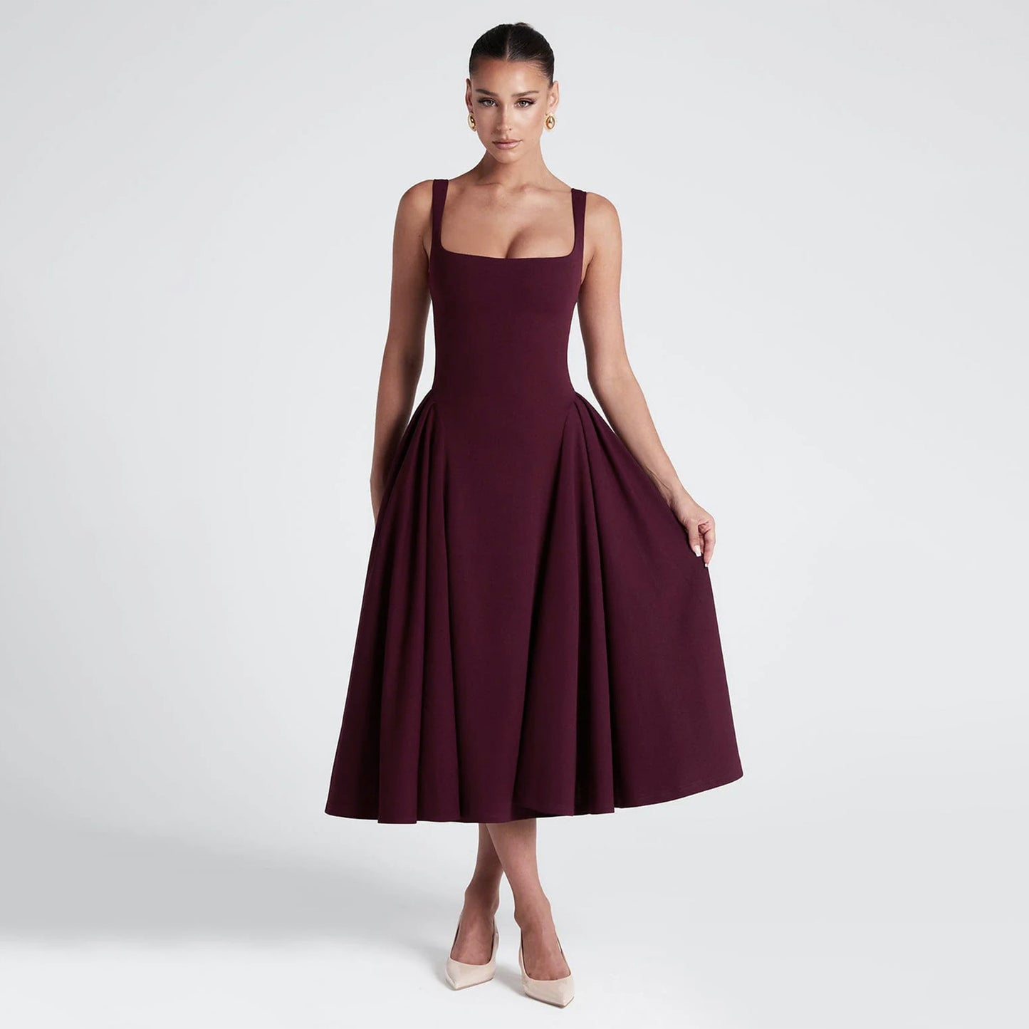 Women’s French Square Neck Slim Fit Spring Dress – Retro Sling Midi Dress