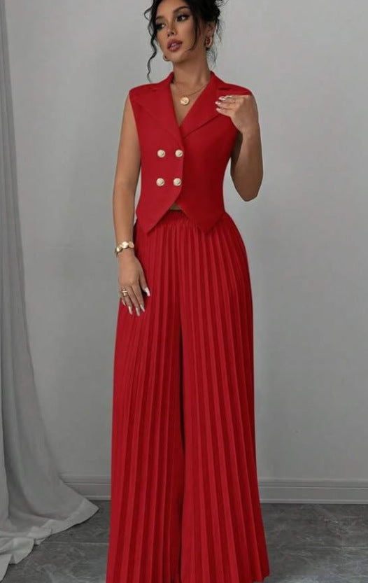 2-Piece Pleated Vest Pantsuit – 2025 European-Inspired Women's Set