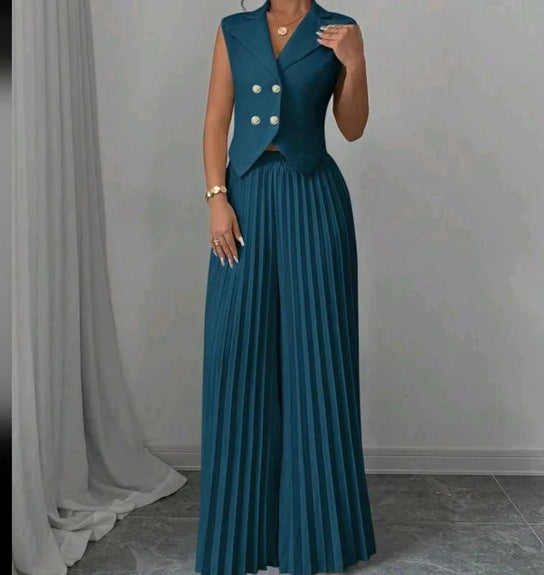 2-Piece Pleated Vest Pantsuit – 2025 European-Inspired Women's Set