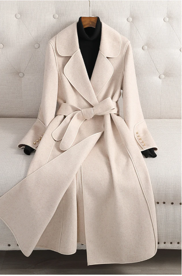 Women's Long Double-Sided Wool Coat with Belt and Lapel