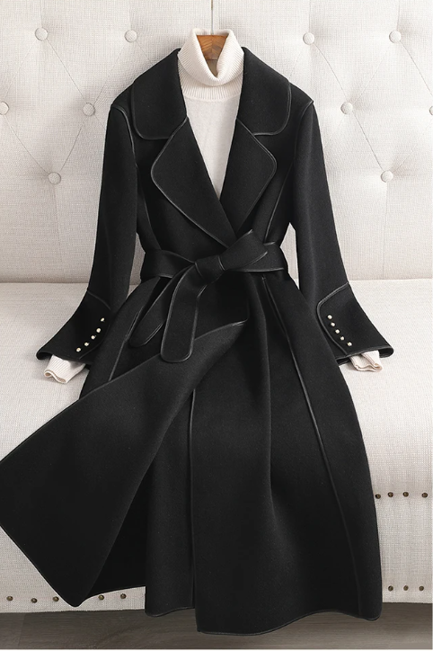 Women's Long Double-Sided Wool Coat with Belt and Lapel