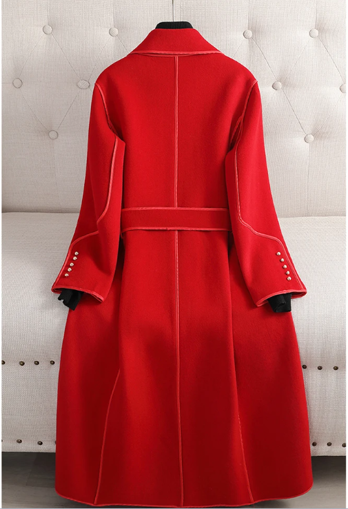 Women's Long Double-Sided Wool Coat with Belt and Lapel