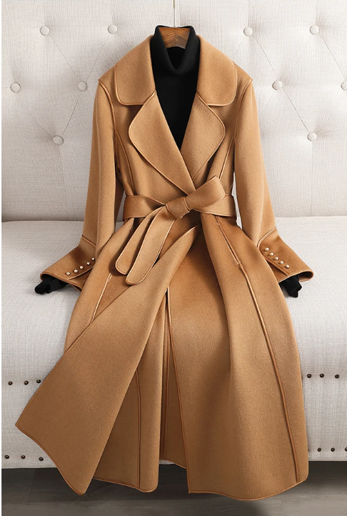 Women's Long Double-Sided Wool Coat with Belt and Lapel