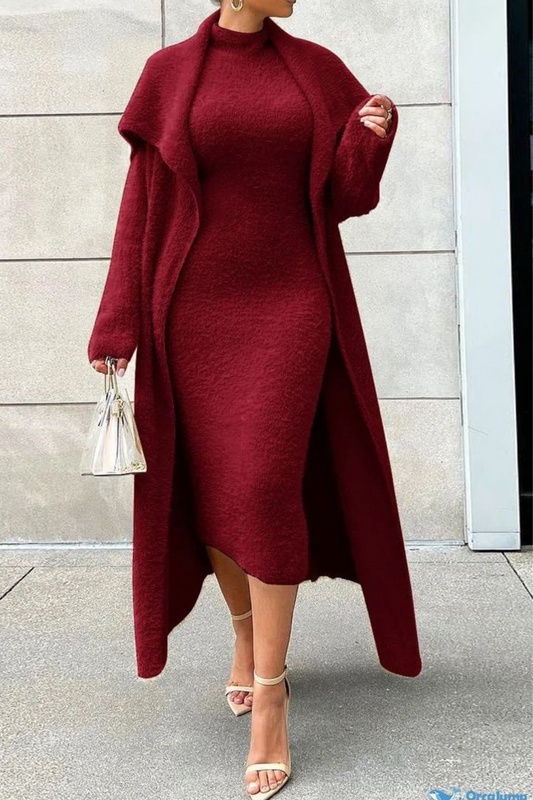 Women's Elegant Two-Piece Long Cardigan and Dress Set