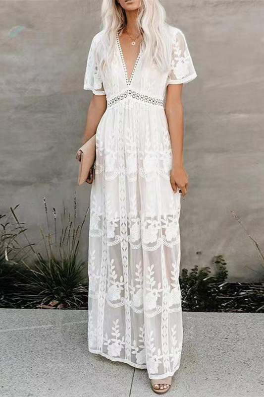 Lace short sleeved V-neck solid color chiffon summer dress