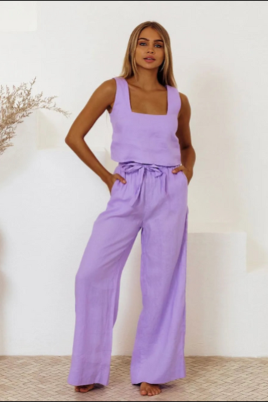 Women's Square Neck Sleeveless Top and Wide-Leg Pants Set