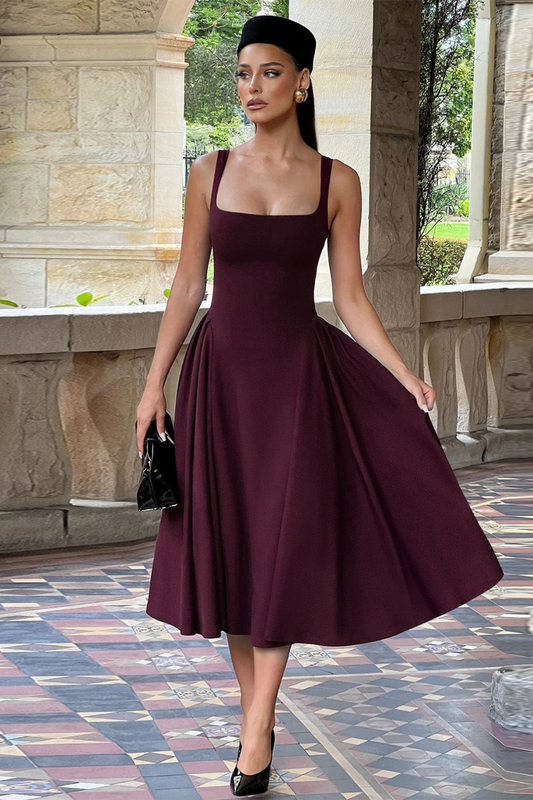 Women’s French Square Neck Slim Fit Spring Dress – Retro Sling Midi Dress