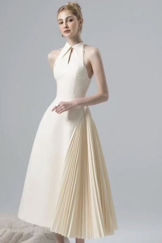 Elegant High-Waisted Sleeveless Lapel Collar Patchwork Dress with Hollow-Out Details