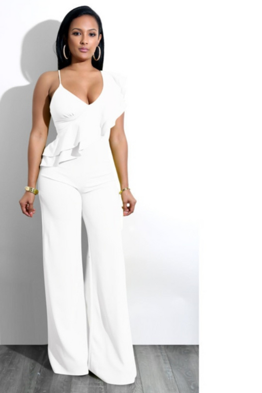 Chic One-Shoulder Ruffle Jumpsuit with V-Neck and Wide-Leg Pants