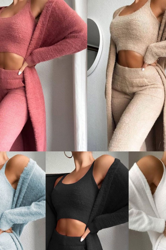 3-Piece Knit Lounge Set with Cardigan and Trousers