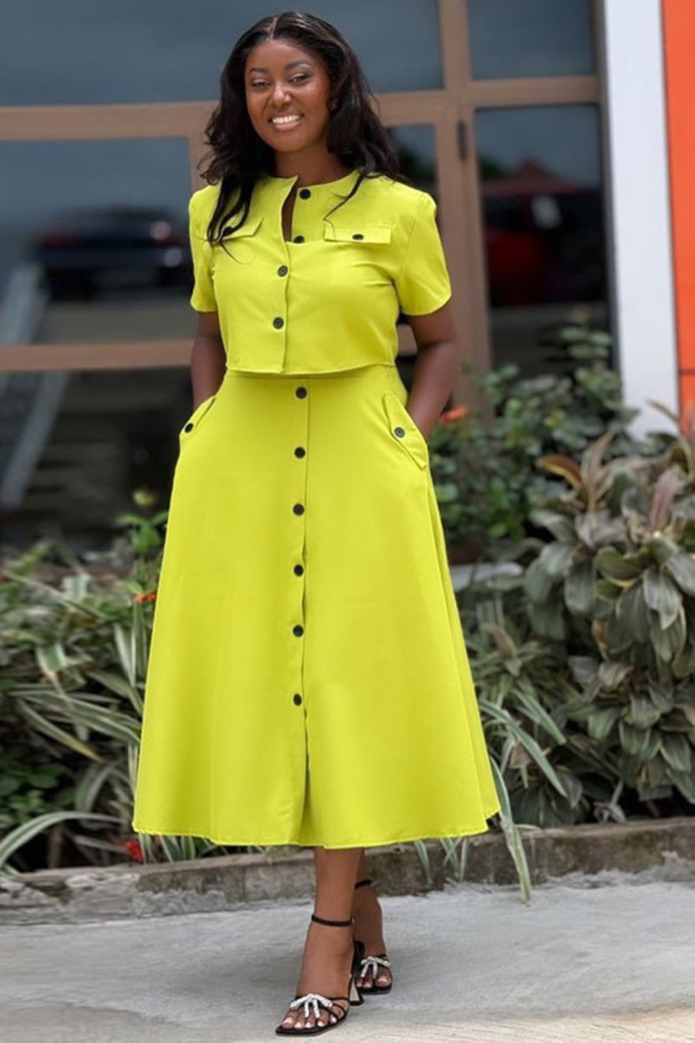 Short Sleeve Top and Buttoned High-Waist Skirt Set