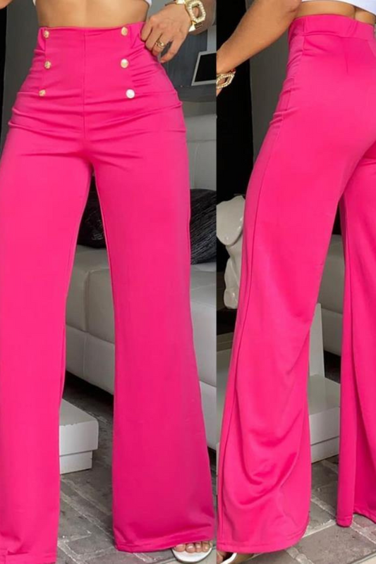 European & American Rose Red Wide-Leg Pants – Button Detail High-Waist Elegance
