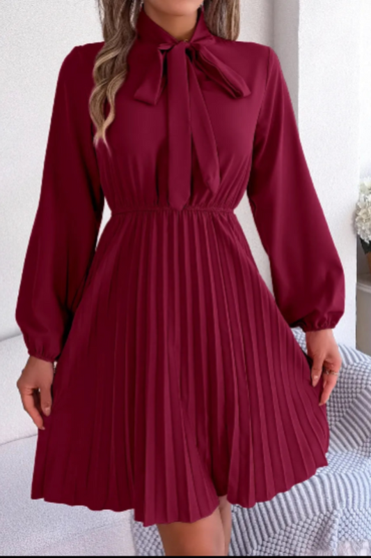 Long Sleeve Pleated Dress with Tie Waist