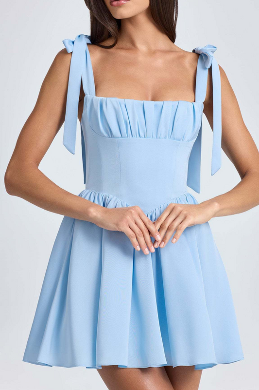 Square collar high waisted pleated patchwork bow suspender dress