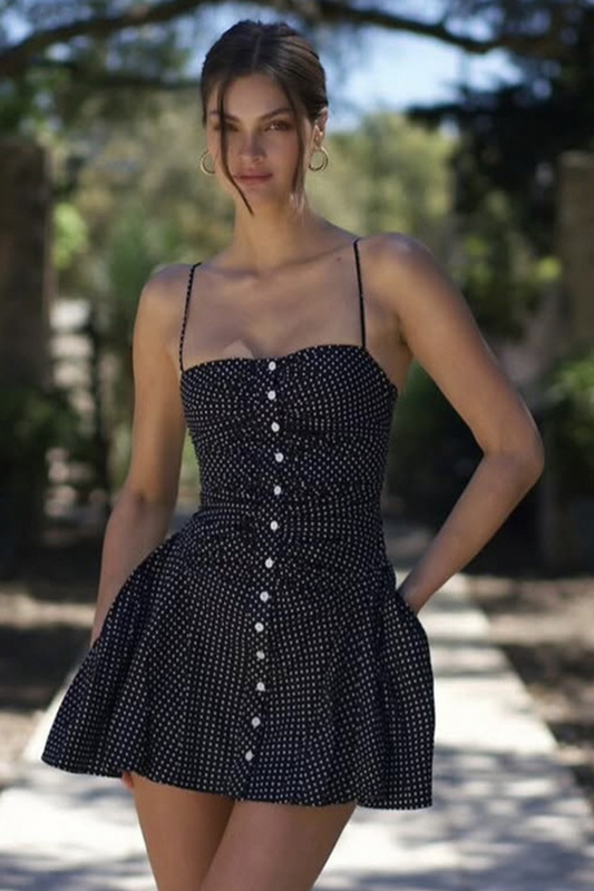 French Dot Backless Slim Pleated Sling Dress