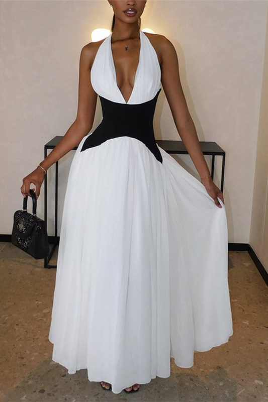 Colorblock Halter V-Neck Maxi Dress for Summer