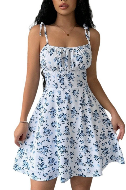 Floral Square Neck Mini Dress – Cinched Waist Sundress with Adjustable Straps