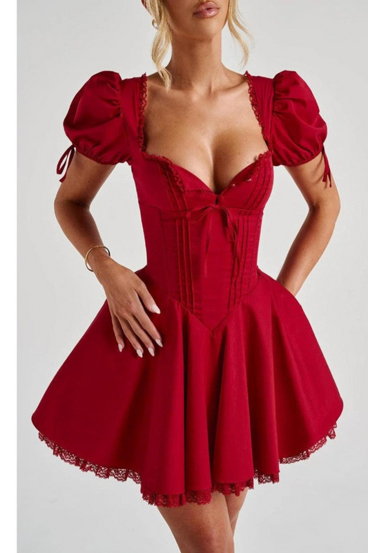 French Royal Square Collar Lace Puff Short Sleeve Dress Slim Fit Waist Trimming Lace up Puffy A line Dress