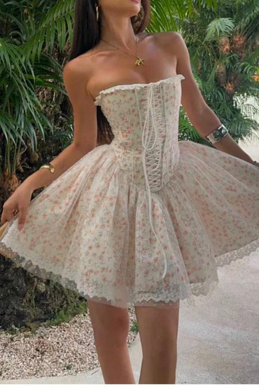 Puffy Slim Fit Tube Top  Vintage Floral Lace-Up Corset Dress