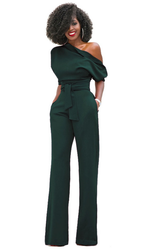 Chic Diagonal-Collar Button-Up Wide-Leg Jumpsuit for Women