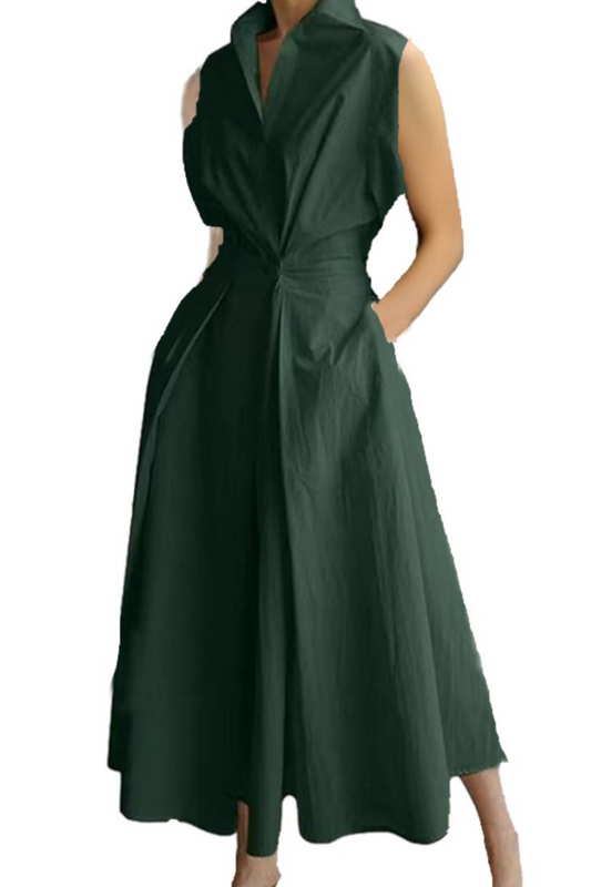 Solid Color V-Neck Button-Up Hem Dress – Chic Commuter Fashion