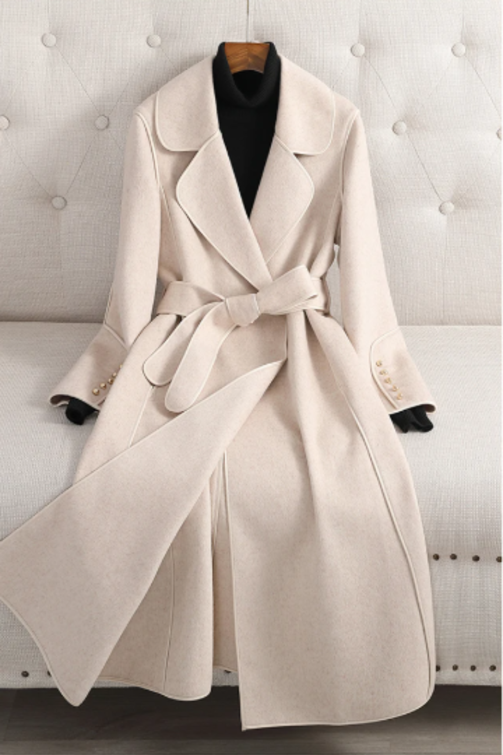 Women's Long Double-Sided Wool Coat with Belt and Lapel