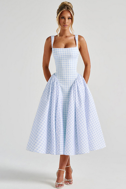 Plaid Print French-Style Backless Princess Dress – Elegant Sling Dress for Women