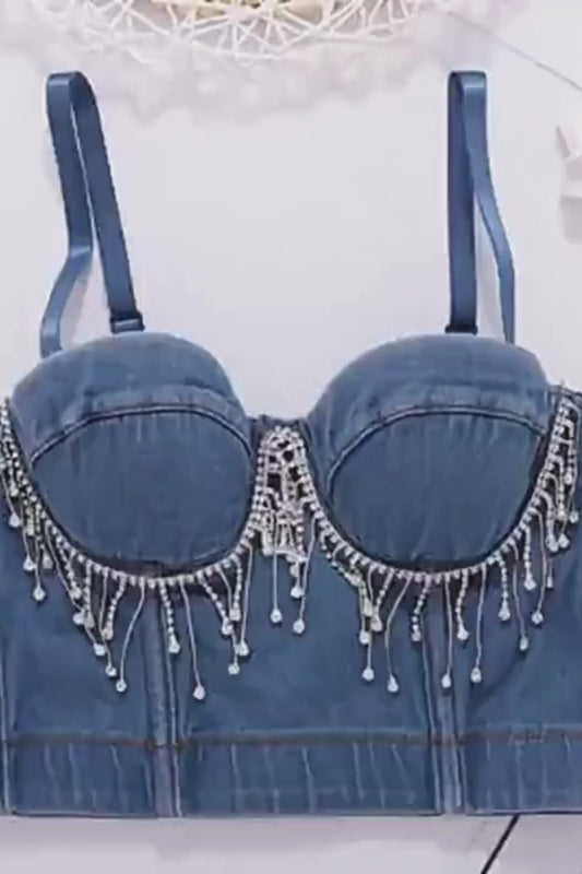 Denim Corset Tube Top with Beaded Tassel Detail